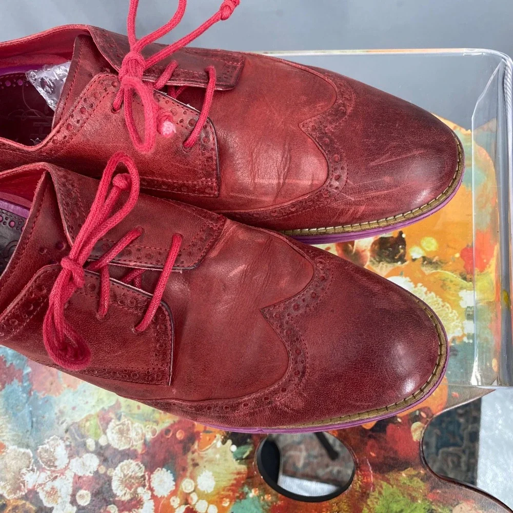 Cole Haan Lunargrand Red Leather Wingtip Oxford Shoes Purple Sole Womens 10